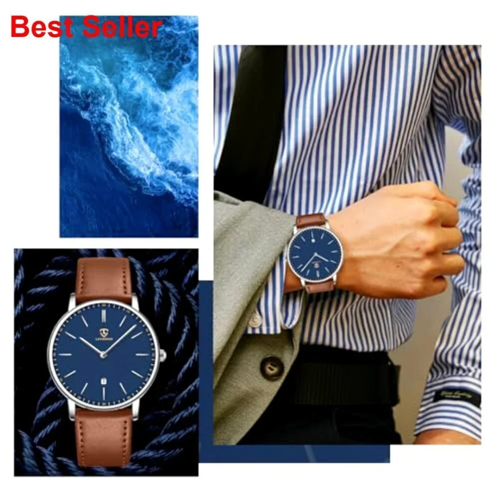 Extremely Thin Minimalist Analog Leather Wrist Watch with Date